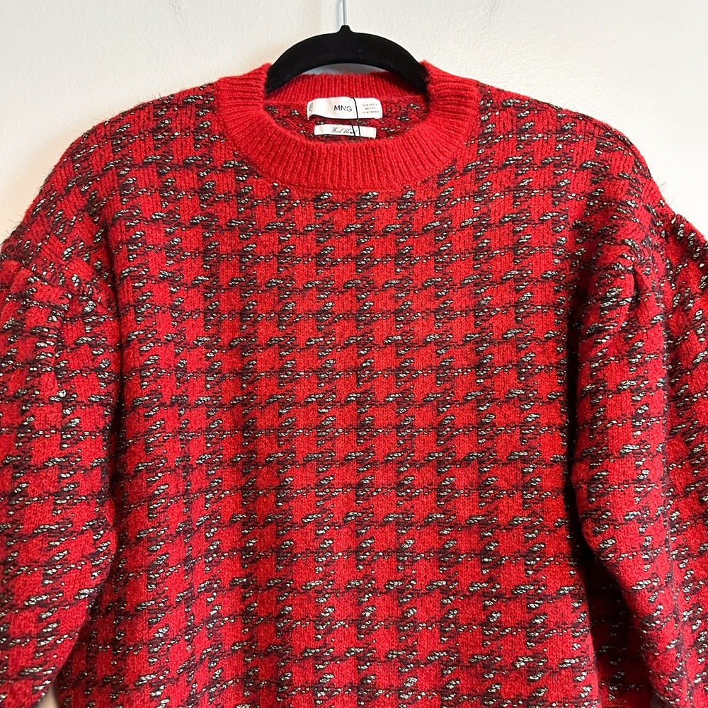 MNG Mango Houndstooth Wool Blend Knit Sweater Size S Red Black Metallic - Picture 6 of 13